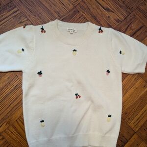 Cream Fruit Embroidered Short Sleeve Sweater